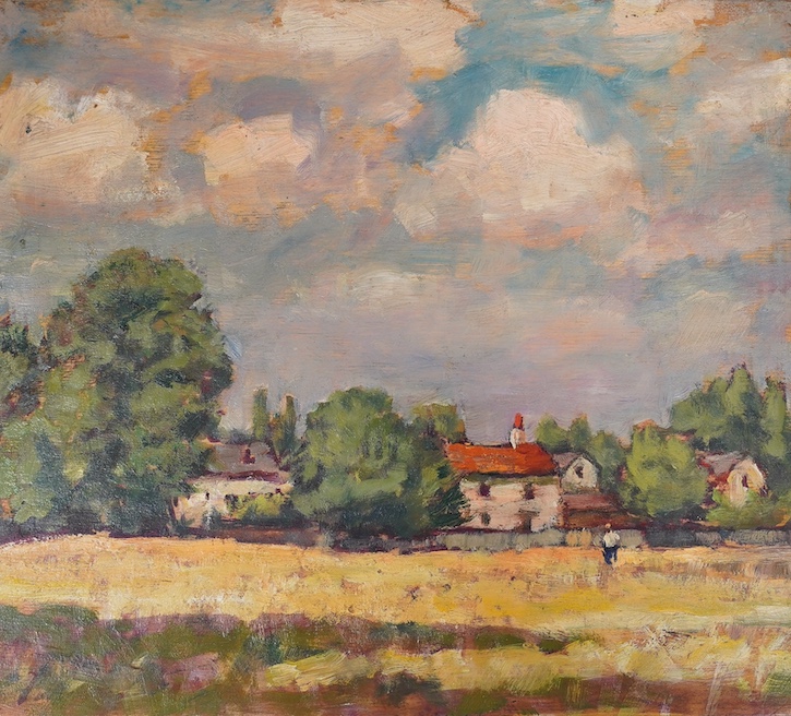 Llewellyn Petley-Jones (1908-1986), oil on board, 'Summer Day, Richmond', inscribed and dated July 28th 1984, 24 x 27cm, unframed. Condition - good